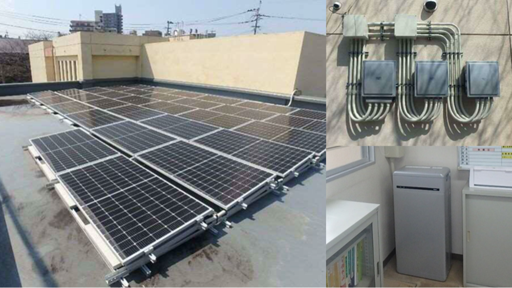 北九州市有公共施設に導入された太陽光発電システム 左:太陽光発電パネル、右上:パワーコンディショナ、右下:蓄電池