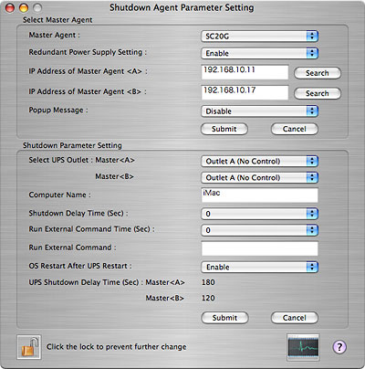ネットワークシャットダウンソフト Shutdown Agent（Macintosh版）による英語の設定画面キャプチャー