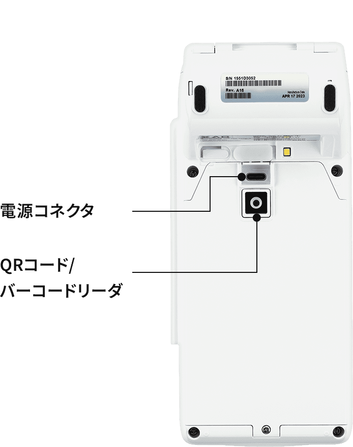 電源コネクタ、QRコード/バーコードリーダ